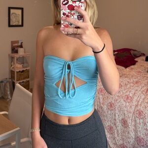 Blue Strapless Tie-Front Top